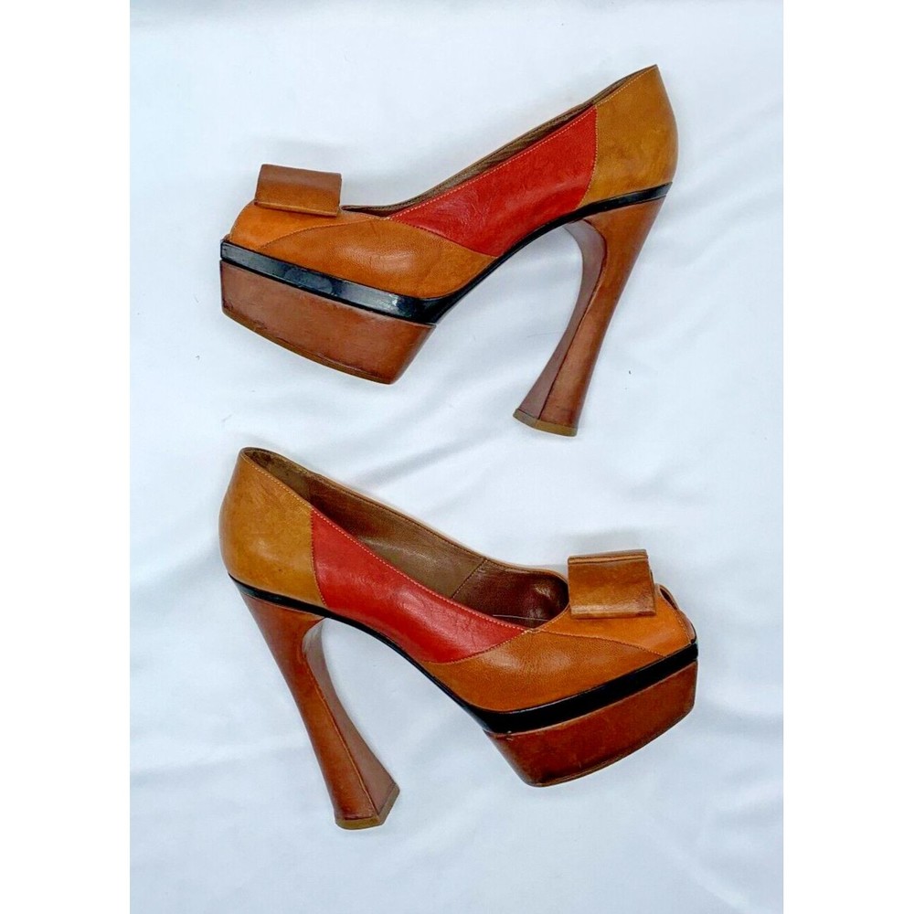 Marni Colorblock Platform Bow Heel Sz 7 - Multicolor Peep Toe Chunky Blo…